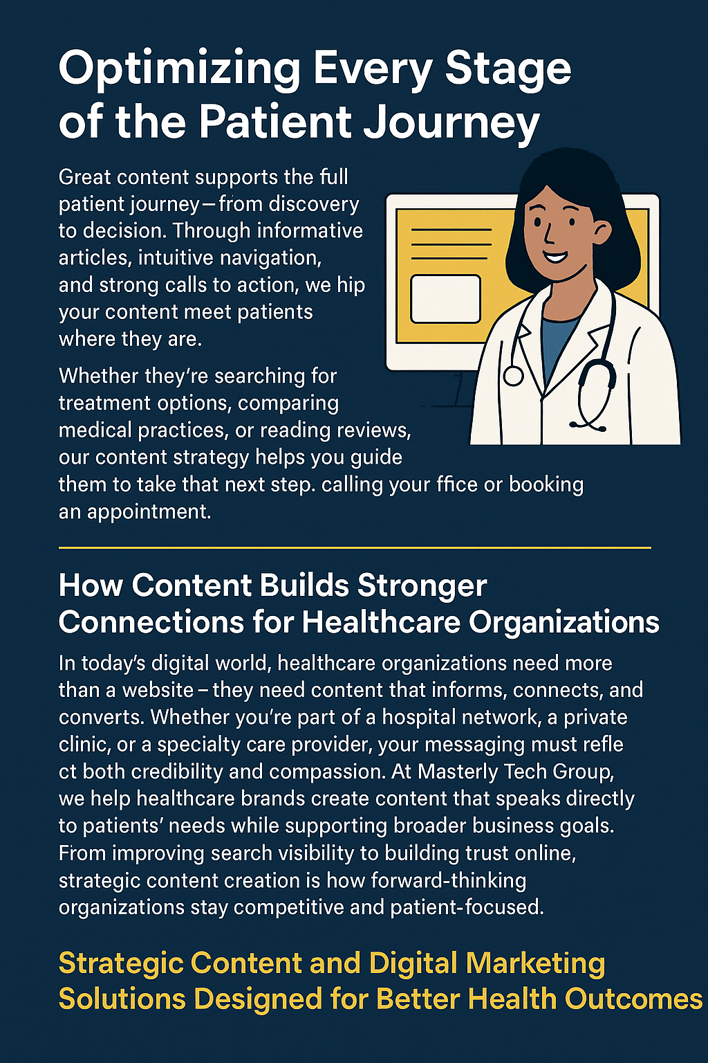 Infographic with a dark blue background titled 'Optimizing Every Stage of the Patient Journey' in bold white text. It describes how content supports each phase of the patient experience and strengthens healthcare connections. A smiling female doctor in a white coat is illustrated beside a computer screen. The lower section emphasizes strategic content creation for healthcare organizations, with a yellow footer reading 'Strategic Content and Digital Marketing Solutions Designed for Better Health Outcomes.