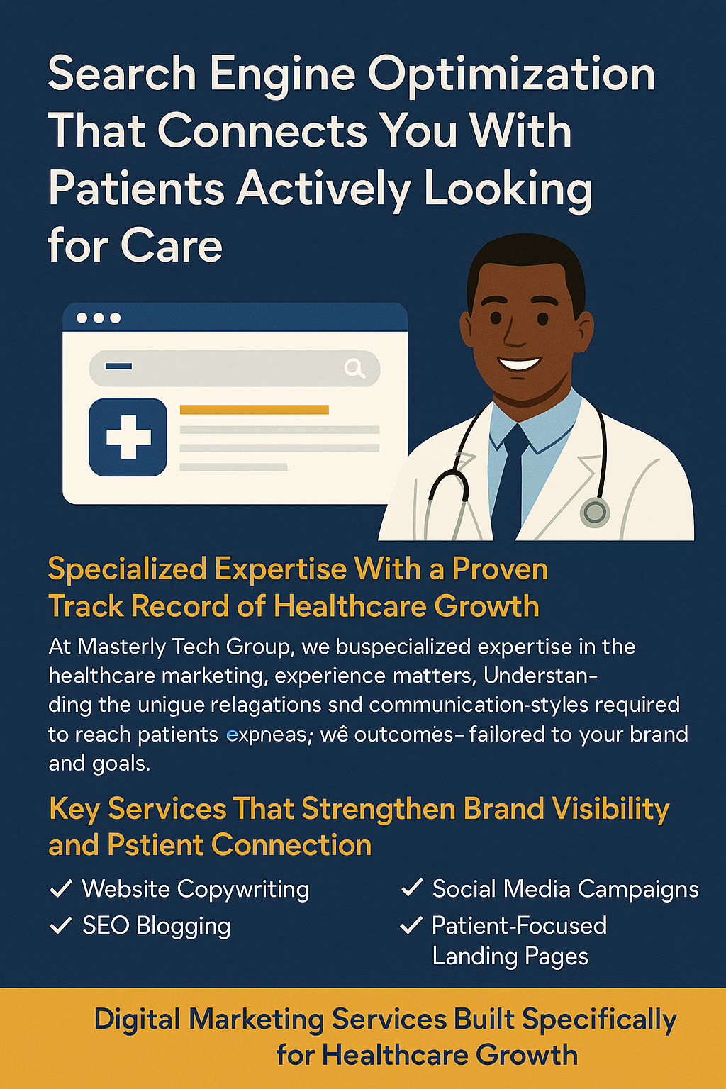 Infographic with a dark blue background titled 'Search Engine Optimization That Connects You With Patients Actively Looking for Care.' It features a smiling African American male doctor in a white coat beside a browser window icon. The graphic outlines Masterly Tech Group's SEO services, including website copywriting, SEO blogging, social media campaigns, and patient-focused landing pages. Yellow-orange headers emphasize healthcare growth and digital marketing strategies tailored to patient engagement.