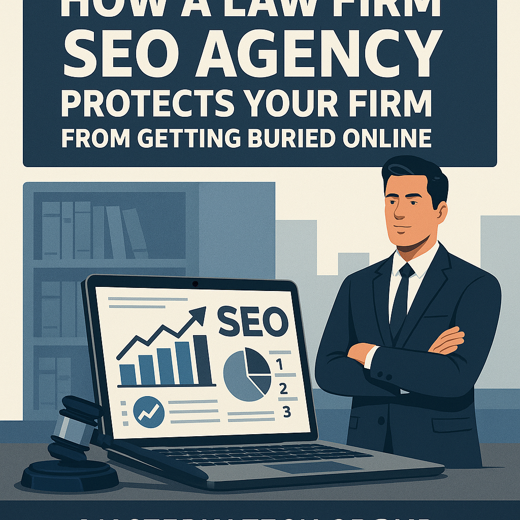 A professional digital illustration titled “How a Law Firm SEO Agency Protects Your Firm from Getting Buried Online” by Masterly Tech Group. The image features a confident businessman in a suit standing beside a laptop displaying SEO analytics charts, including graphs and pie charts trending upward. A gavel rests near the laptop, symbolizing legal expertise. The background includes office bookshelves and a cityscape, with a blue, gray, and white color palette conveying professionalism, technology, and trust.