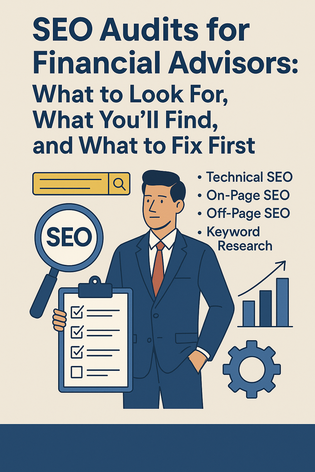 SEO Audits for Financial Advisors: What to Look For, What You’ll Find, and What to Fix First.” It features an illustrated financial advisor in a navy suit holding a checklist clipboard and a magnifying glass labeled “SEO.” Surrounding icons include a search bar, bar chart with an upward arrow, and gear symbolizing optimization. The color palette includes navy blue, beige, and gold, conveying professionalism and trust.