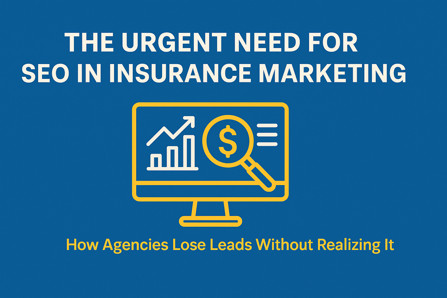 A blue digital graphic featuring the headline “The Urgent Need for SEO in Insurance Marketing” in bold white text. Below the headline is a yellow outline illustration of a computer monitor displaying a bar graph, upward-trending arrow, and a magnifying glass with a dollar sign inside. At the bottom, yellow text reads, “How Agencies Lose Leads Without Realizing It.