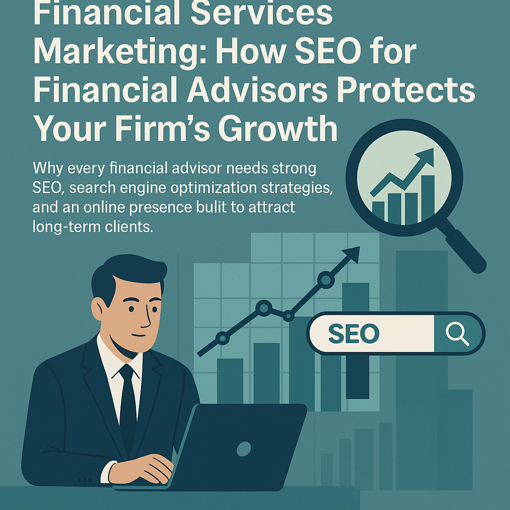 Infographic-style digital illustration showing a financial advisor working on a laptop, with charts and upward-trending graphs in the background. A magnifying glass with an upward arrow appears beside a search bar labeled 'SEO.' The headline reads ‘Financial Services Marketing: How SEO for Financial Advisors Protects Your Firm’s Growth,’ followed by a subheading explaining the importance of search engine optimization for long-term client attraction. The design uses teal and navy colors to convey professionalism and financial industry themes.