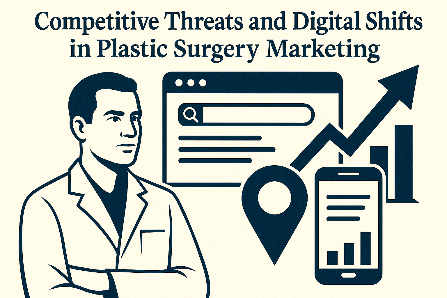 Digital illustration of a plastic surgeon in a lab coat standing beside icons representing online marketing, including a search engine results page, a location pin, a smartphone with analytics, and an upward growth arrow, symbolizing competitive digital shifts in plastic surgery marketing.