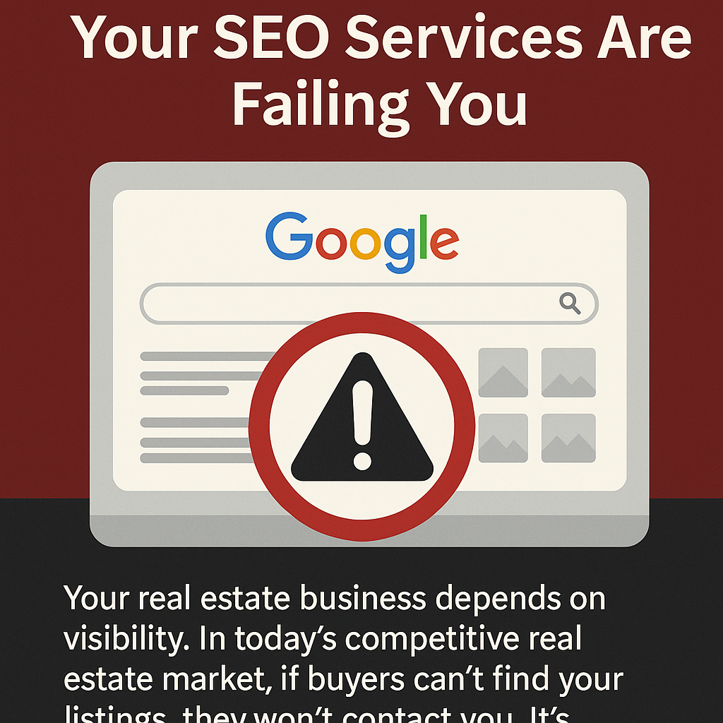 A digital graphic with a bold headline reading ‘Your SEO Services Are Failing You’ displayed in white text against a dark red background. Below the heading, an illustrated Google search results page is shown with a large warning symbol—a red circle with an exclamation mark—placed over it, suggesting search visibility problems. Under the illustration, text explains that real estate businesses depend on visibility and that listings failing to appear online result in lost opportunities. The design uses clean, modern elements to emphasize the urgency of fixing SEO issues.