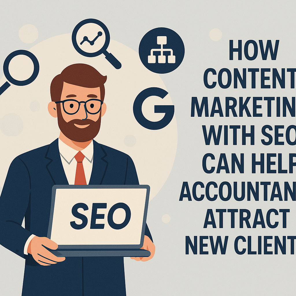 Surrounding him are icons representing search, analytics, and Google. The headline on the right reads: “How Content Marketing With SEO Can Help Accountants Attract New Clients.” The design uses clean flat-style artwork with navy, blue, and light neutral tones.