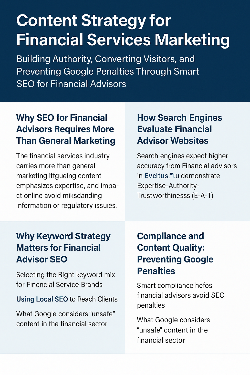 A digital infographic titled 'Content Strategy for Financial Services Marketing: Building Authority, Converting Visitors, and Preventing Google Penalties Through Smart SEO for Financial Advisors.' The design features a dark blue header with white text, followed by four content sections arranged in two rows. Each section has a light blue or light gray background with bold navy headings. The sections summarize key concepts: why SEO for financial advisors requires more than general marketing, how search engines evaluate financial advisor websites, why keyword strategy matters for advisor SEO, and how compliance and content quality prevent Google penalties. The layout is clean, structured, and designed to emphasize clarity and professionalism in financial services marketing.