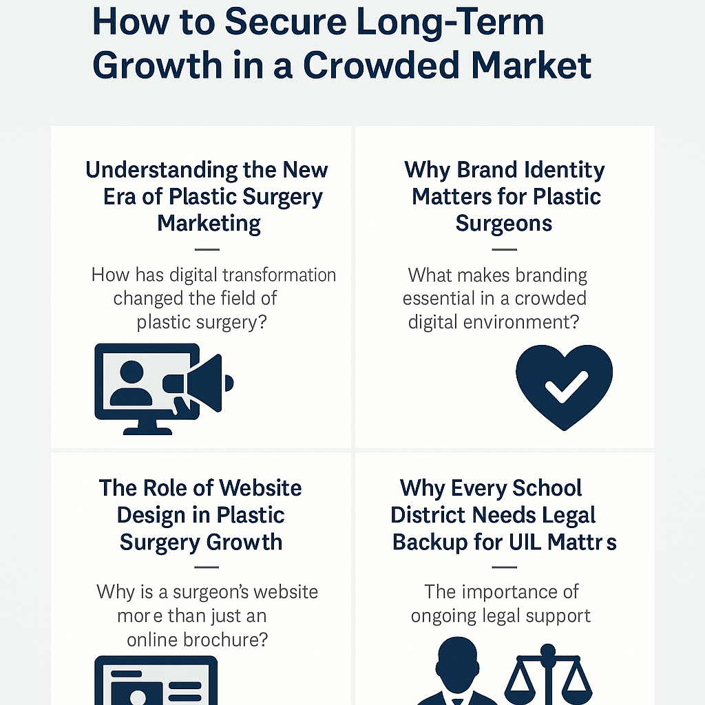 Understanding the New Era of Plastic Surgery Marketing” and a subheading asking how digital transformation has changed the field. The top right quadrant displays a heart-shaped checkmark icon with the heading “Why Brand Identity Matters for Plastic Surgeons,” followed by a question about branding in a crowded digital environment. The bottom left quadrant includes a webpage icon and the heading “The Role of Website Design in Plastic Surgery Growth,” with a subheading about why a surgeon’s website is more than an online brochure. The bottom right quadrant shows an icon of a person with legal scales and the heading “Why Every School District Needs Legal Backup for UIL Matters,” with a subheading about the importance of ongoing legal support. The design uses clean typography and evenly spaced sections to convey key marketing concepts visually.