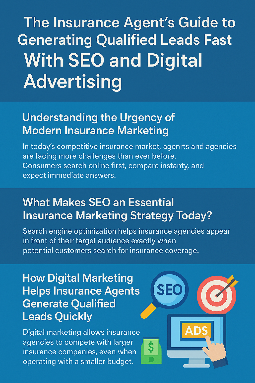 The Insurance Agent’s Guide to Generating Qualified Leads Fast With SEO and Digital Advertising.” The design includes three main sections with white text explaining modern insurance marketing urgency, the importance of SEO for insurance agencies, and how digital marketing helps agents generate qualified leads. On the lower right, icons show a magnifying glass labeled “SEO,” a target with an arrow, a computer screen displaying “ADS,” and a dollar bill, representing digital advertising and lead generation.