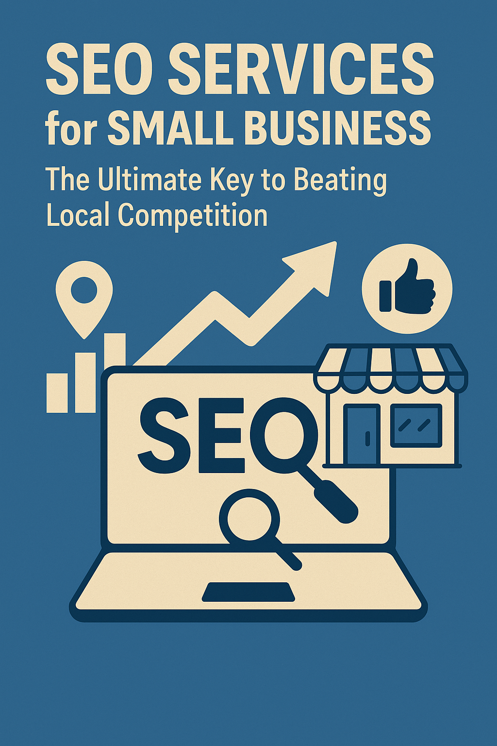 The image features a laptop displaying the word “SEO” with a magnifying glass icon, an upward arrow symbolizing growth, a location pin, and a storefront icon representing local businesses.