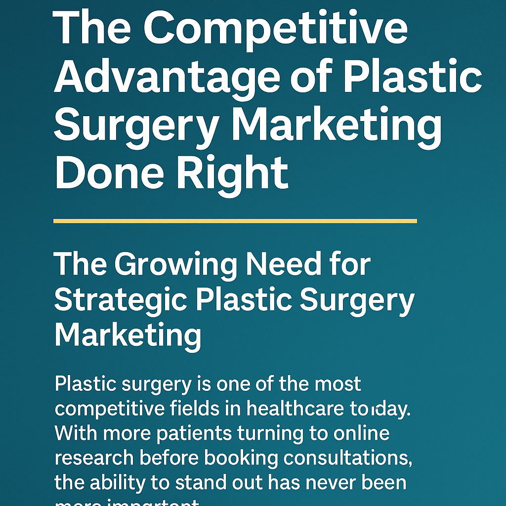 The Competitive Advantage of Plastic Surgery Marketing Done Right.' Below a golden-yellow divider line, the subheading says: 'The Growing Need for Strategic Plastic Surgery Marketing.' Underneath, smaller text explains that plastic surgery is one of the most competitive healthcare fields, and that patients increasingly rely on online research before booking consultations, making marketing essential for standing out.