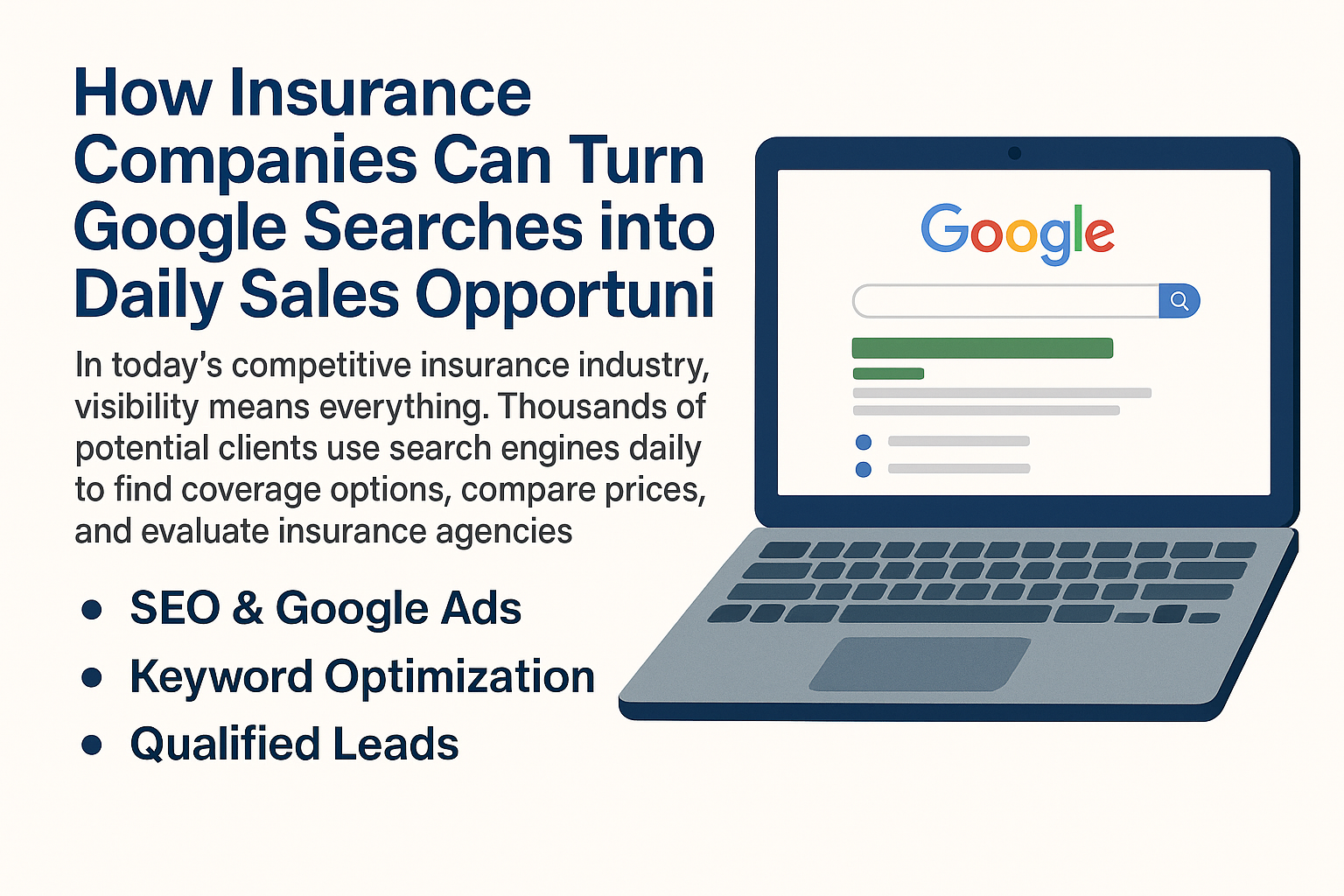 How Insurance Companies Can Turn Google Searches into Daily Sales Opportunities.” Below it explains how visibility drives success in the insurance industry, with bullet points highlighting “SEO & Google Ads,” “Keyword Optimization,” and “Qualified Leads.