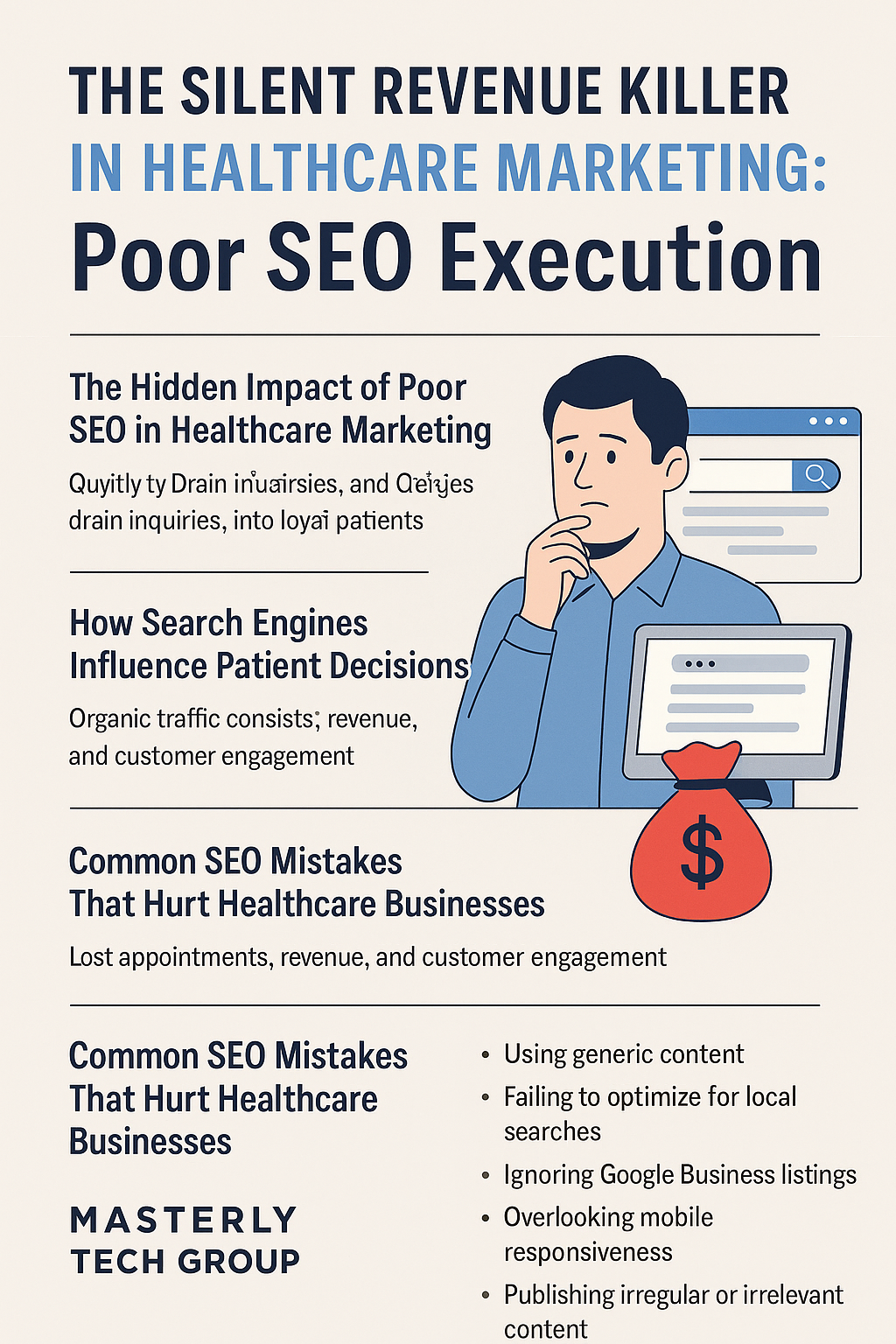 Professional healthcare marketing infographic titled ‘The Silent Revenue Killer in Healthcare Marketing: Poor SEO Execution.’ The design uses blue, white, and gray tones and shows a thoughtful man holding a laptop beside SEO-related icons, charts, and a red money bag symbolizing lost revenue. Text highlights the hidden impact of poor SEO, how search engines influence patient decisions, and common SEO mistakes that hurt healthcare businesses. Includes Masterly Tech Group branding at the bottom.