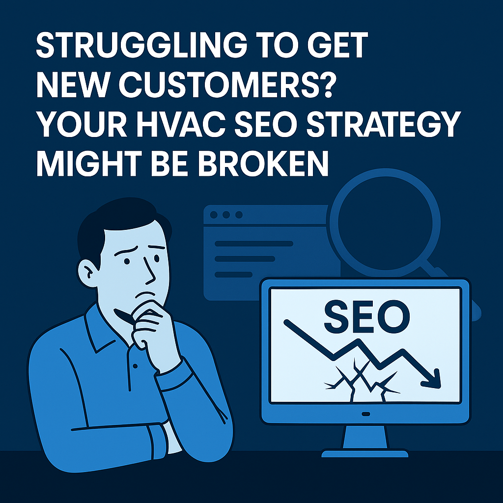 Struggling to get new customers? Your HVAC SEO strategy might be broken,” in bold white text on a dark blue background. The design uses blue tones to convey professionalism and concern over poor SEO performance.