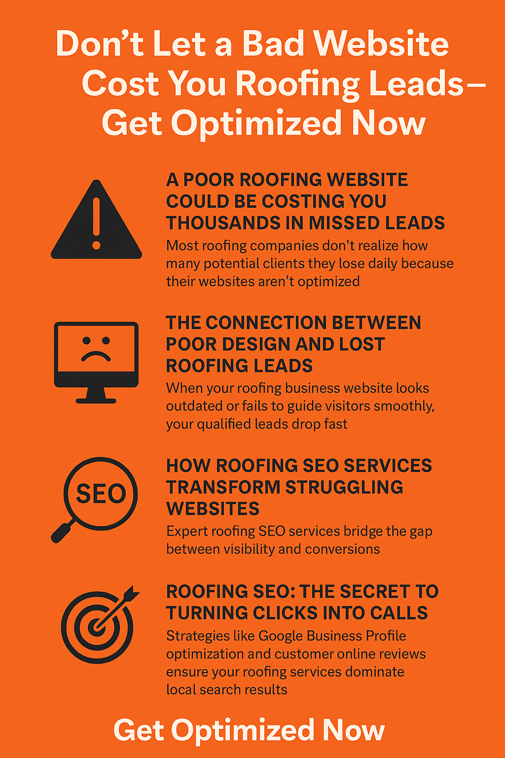 Don’t Let a Bad Website Cost You Roofing Leads—Get Optimized Now.” The image contains four black icons with matching black section headers and text: a warning triangle representing lost leads, a sad computer icon symbolizing poor design, a magnifying glass labeled “SEO” for optimization, and a target icon for turning clicks into calls. Each section briefly explains how unoptimized roofing websites lose customers and how roofing SEO services improve visibility, design, and conversions. The bottom text says “Get Optimized Now.