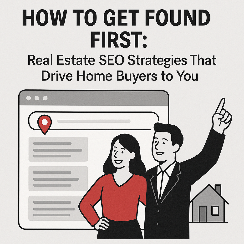 A flat-style digital illustration showing two smiling real estate agents standing beside a large web browser displaying search engine results with a red location pin. The male agent points upward, symbolizing success, while the female agent stands confidently with hands on hips. A small house appears in the background, representing the real estate industry, and bold text above reads “How to Get Found First: Real Estate SEO Strategies That Drive Home Buyers to You.