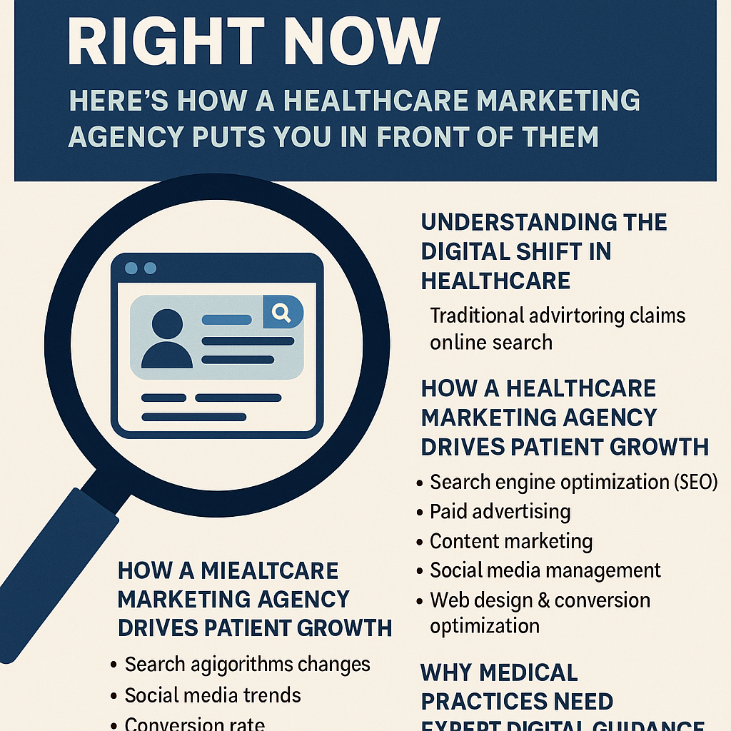 Patients Are Searching Right Now – Here’s How a Healthcare Marketing Agency Puts You in Front of Them.” The design features a large magnifying glass highlighting a web search result, symbolizing online patient discovery. The background uses professional blue and beige tones. Text sections explain the digital shift in healthcare, how agencies drive patient growth through SEO, paid ads, and social media management, and why medical practices need expert digital guidance. The clean layout conveys trust, technology, and patient-centered marketing.