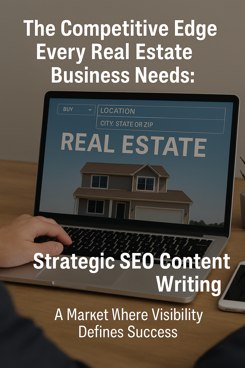 A laptop screen displays a real estate website with a search bar labeled “Location: City, State or ZIP” and a large image of a house, symbolizing digital marketing in real estate. The overlaid text reads, “The Competitive Edge Every Real Estate Business Needs: Strategic SEO Content Writing — A Market Where Visibility Defines Success,” emphasizing the importance of SEO-driven content for online growth in the real estate industry.