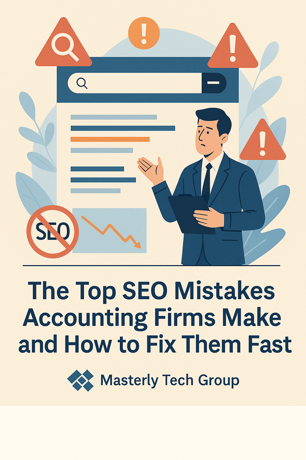Illustration of a professional man in a navy suit analyzing a search engine results page with warning icons and downward graph lines, symbolizing SEO mistakes. The background includes abstract leaves and alert symbols. Below the illustration, the text reads “The Top SEO Mistakes Accounting Firms Make and How to Fix Them Fast,” with the Masterly Tech Group logo. The color palette features beige and blue tones, conveying professionalism and trust.