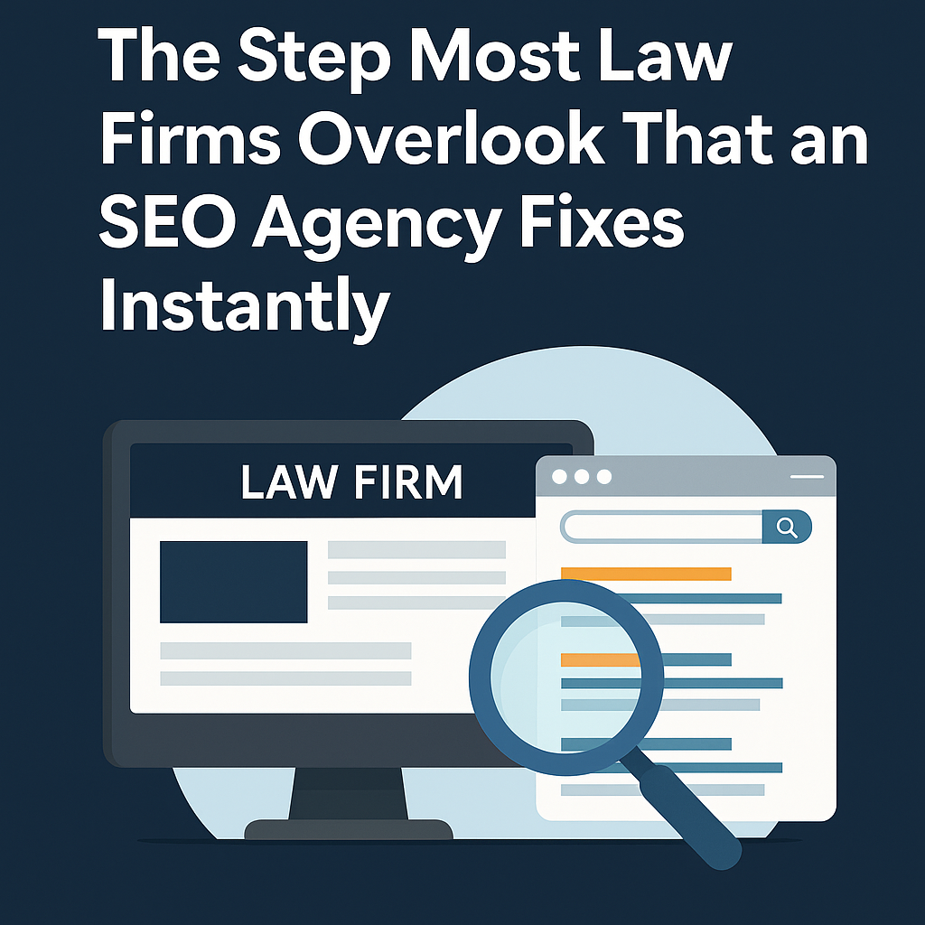 The Step Most Law Firms Overlook That an SEO Agency Fixes Instantly.” Below the text, a computer monitor displays a generic law firm website, alongside a web browser search results page with a magnifying glass highlighting listings, symbolizing SEO visibility.
