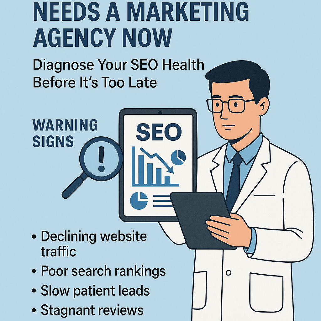 Illustration of a healthcare professional in a white lab coat reviewing SEO analytics on a tablet, with charts showing declining performance. The image includes text reading ‘Needs a Marketing Agency Now: Diagnose Your SEO Health Before It’s Too Late’ and ‘Warning Signs: Declining website traffic, Poor search rankings, Slow patient leads, Stagnant reviews.’ The background is light blue, emphasizing a clean medical and professional theme.
