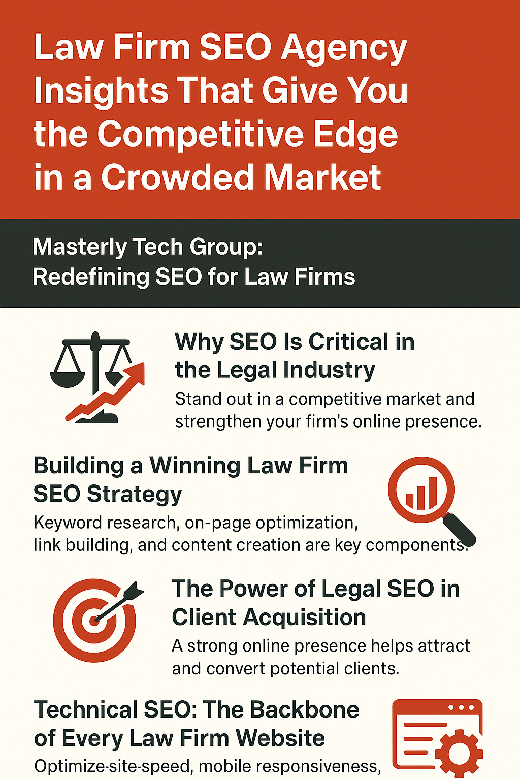 Law Firm SEO Agency Insights That Give You the Competitive Edge in a Crowded Market.” It features sections explaining why SEO is critical for law firms, how to build a winning SEO strategy, the power of legal SEO in client acquisition, and the importance of technical SEO. The design uses red, orange, black, and white colors with icons of scales, graphs, targets, and website gears to represent growth, strategy, and optimization.
