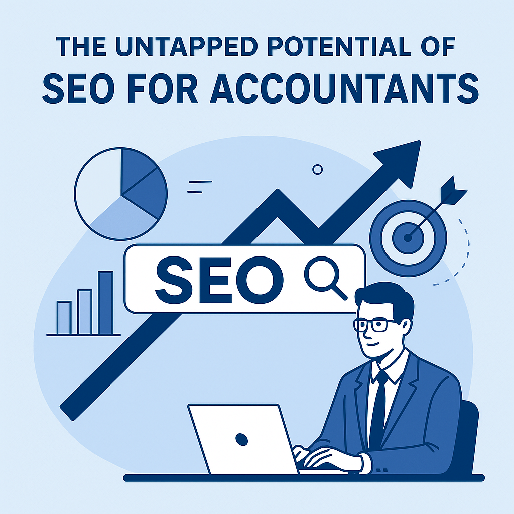 Illustration showing a professional accountant at a laptop with SEO symbols including an upward arrow, search bar, pie chart, bar graph, and target with arrow. The title reads ‘The Untapped Potential of SEO for Accountants,’ symbolizing growth, digital marketing, and online visibility for accounting firms.