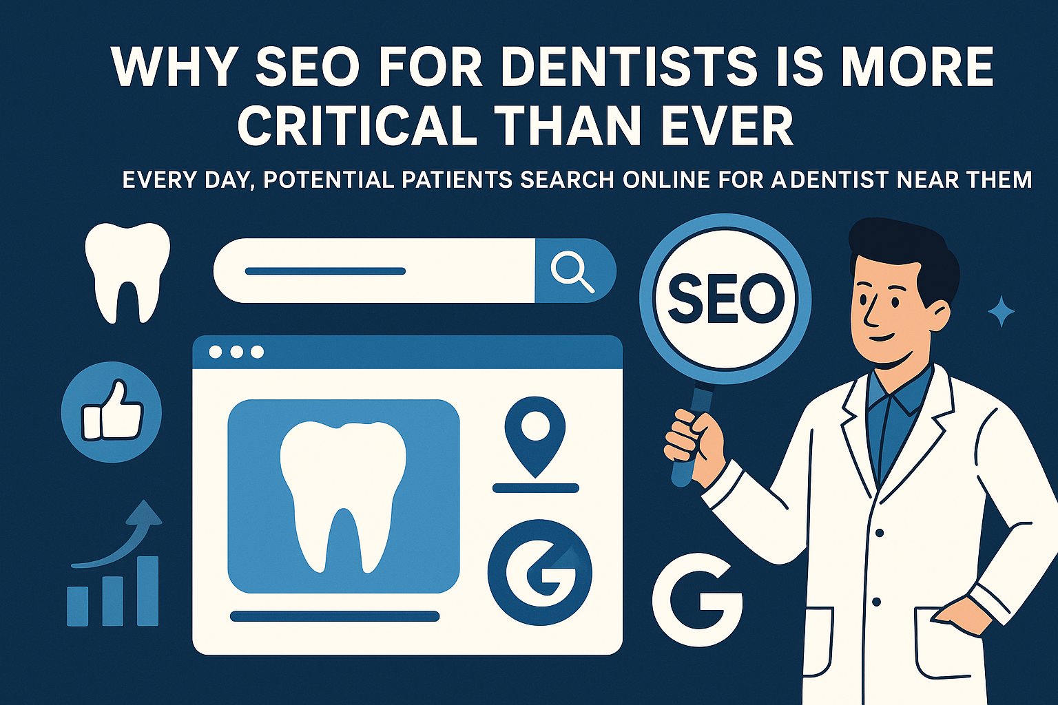 Digital illustration showing a smiling male dentist holding a magnifying glass labeled ‘SEO’ beside a computer screen with a large tooth icon, a search bar, and Google and location icons. The background is dark blue with white and blue accents, featuring text that reads ‘Why SEO for Dentists Is More Critical Than Ever’ and ‘Every day, potential patients search online for a dentist near them.