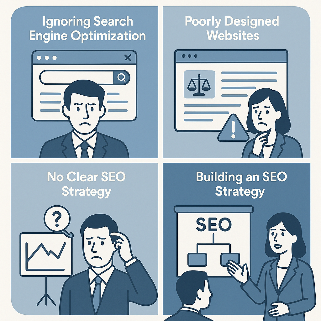 Lead Generation for Law Firms That Don’t Know Where to Start,’ divided into four illustrated sections in flat blue tones. Top left: a worried male lawyer under the heading ‘Ignoring Search Engine Optimization,’ shown with a blank search bar. Top right: a concerned female lawyer in front of an outdated website, labeled ‘Poorly Designed Websites.’ Bottom left: a puzzled lawyer scratching his head beside a graph, under the heading ‘No Clear SEO Strategy.’ Bottom right: a female professional presenting an SEO plan on a screen to a male lawyer, labeled ‘Building an SEO Strategy.