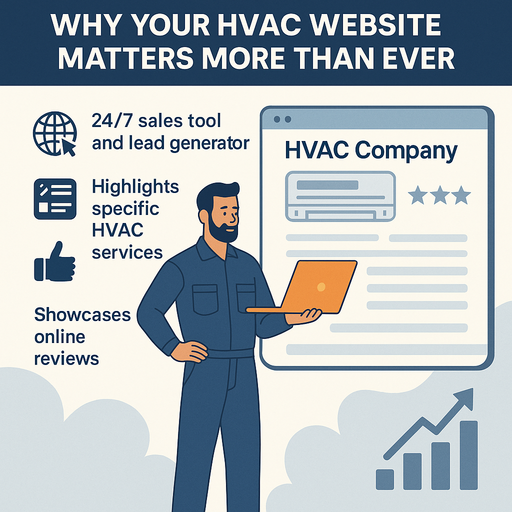 Why Your HVAC Website Matters More Than Ever.' An HVAC technician holds an orange laptop while standing next to an illustrated website labeled 'HVAC Company' with star reviews. Icons highlight benefits: 24/7 sales tool and lead generator, highlights specific HVAC services, and showcases online reviews. A rising bar graph symbolizes growth and success.