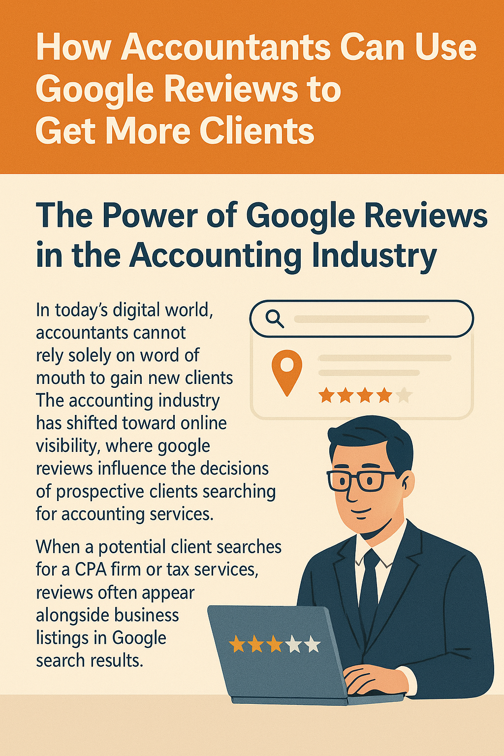 How Accountants Can Use Google Reviews to Get More Clients” features an accountant in a suit and glasses working on a laptop. Next to him is a graphic of a search bar and a location pin with star ratings, symbolizing Google reviews. The text explains how online reviews influence prospective clients in the accounting industry by improving visibility and credibility in Google search results.