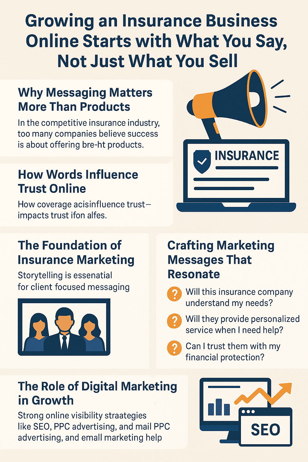 Growing an Insurance Business Online Starts with What You Say, Not Just What You Sell.' It highlights why messaging matters more than products, how words influence trust online, the foundation of insurance marketing through storytelling, crafting marketing messages that resonate with client needs, and the role of digital marketing strategies like SEO and PPC in growth. Includes icons such as a megaphone, laptop with 'Insurance,' people representing clients, question marks, and a computer with SEO analytics.