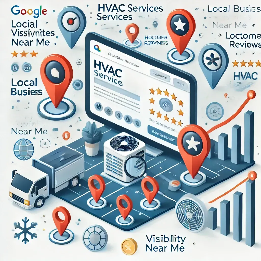 An isometric illustration of a computer screen showing a website for hvac services.
