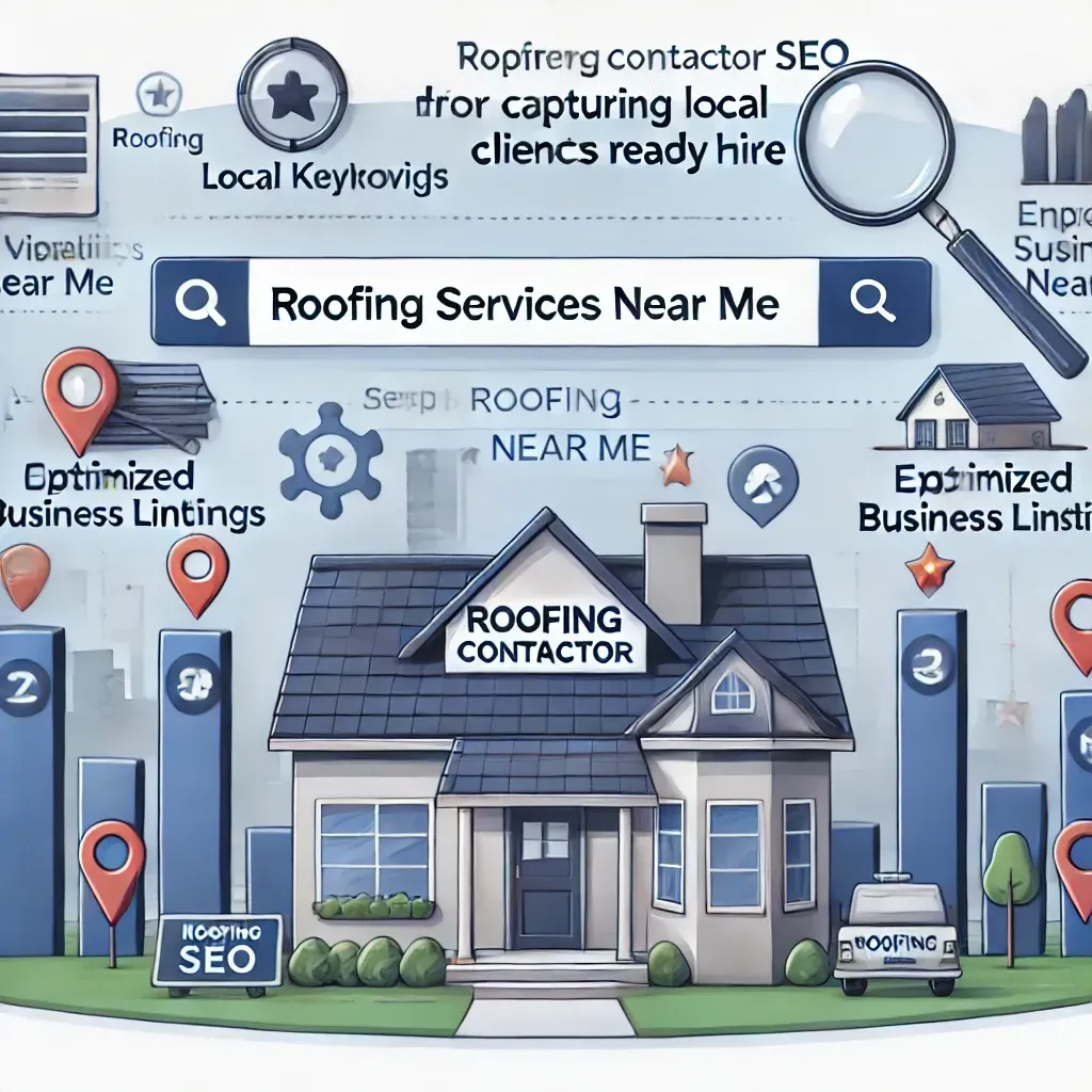 A house with a magnifying glass and a sign that says roofing services near me