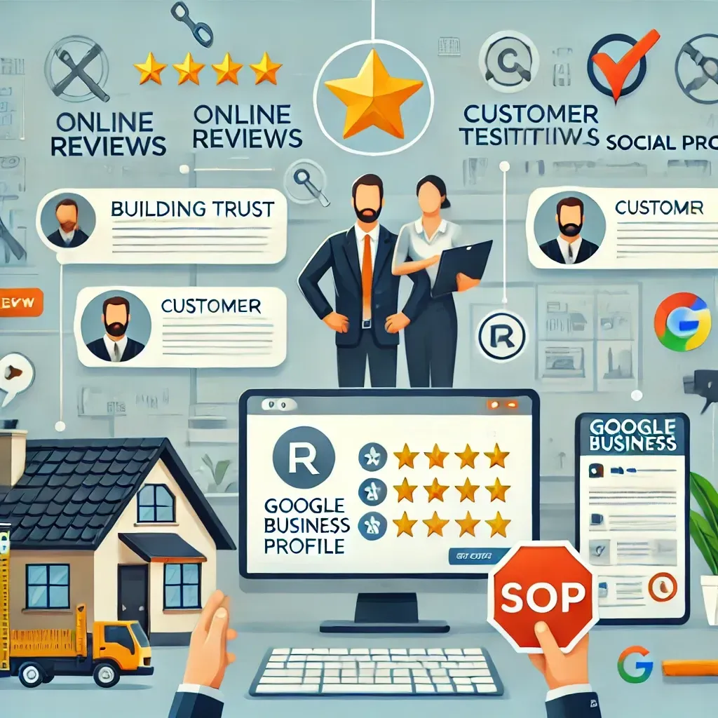 Illustration of a roofing company’s strategy for building trust through online reviews and customer testimonials, featuring website testimonials, a Google Business Profile with positive reviews, and client feedback responses. Icons for social proof and client engagement highlight credibility, set in a professional roofing office background.