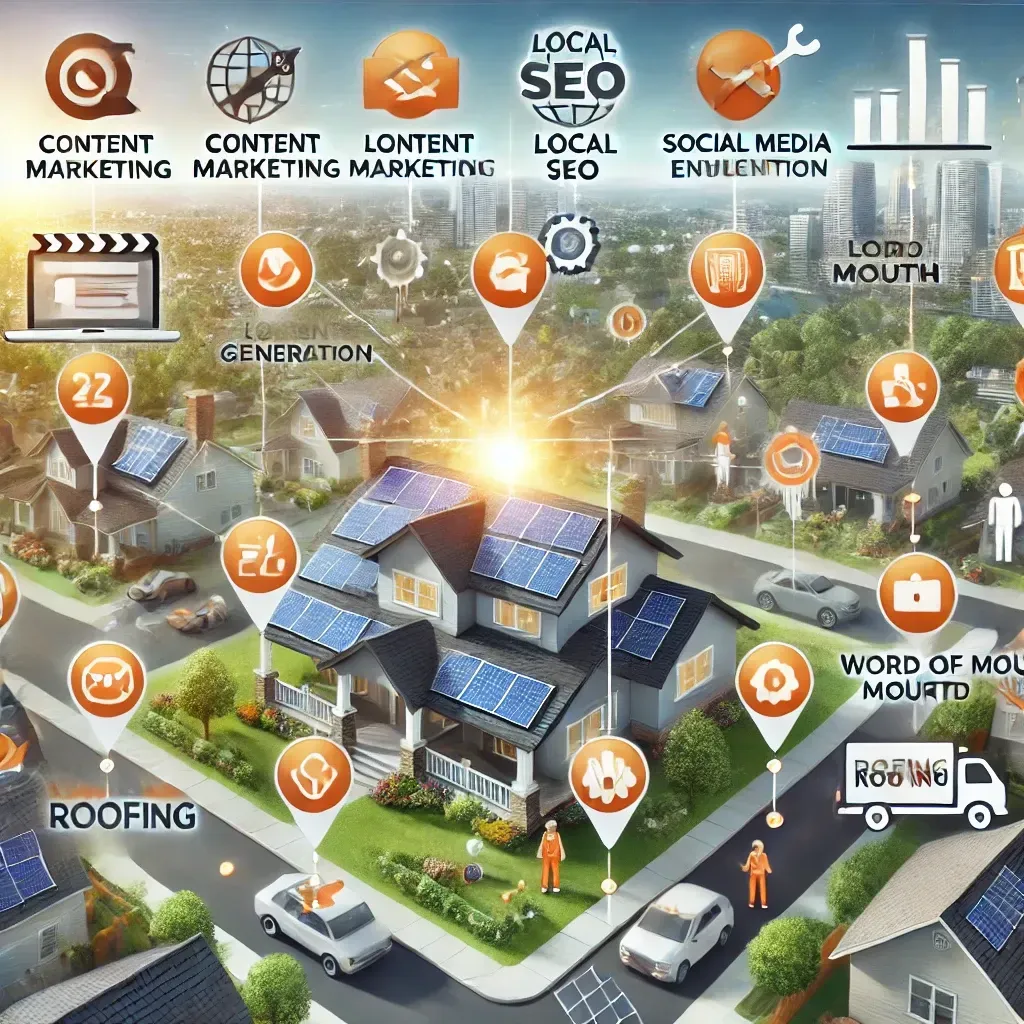 Illustration of innovative marketing tactics for a roofing company, highlighting content marketing, local SEO, social media engagement, and word of mouth marketing. Icons for lead generation, brand visibility, and client engagement are set against a background featuring a roofing office and neighborhood, emphasizing client and community connections.