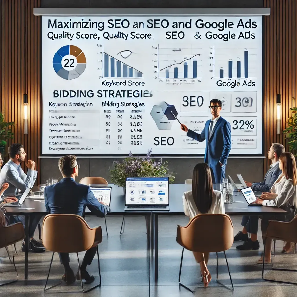 A digital marketing consultant presents a Google AdWords strategy to a business team in a modern conference room. The screen displays campaign metrics like quality score, keyword optimization, and bidding strategies, alongside a diagram illustrating SEO and Google Ads integration. The setting emphasizes collaboration, innovation, and strategic planning for maximizing ROI.