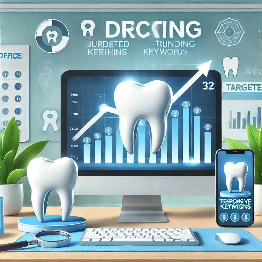 An illustration of a successful dental office represented by a computer screen displaying a high search engine ranking, surrounded by icons of upward-trending graphs, targeted keywords, and a mobile phone showing a responsive design. The design includes a subtle dental theme with tooth icons and a bright, professional atmosphere, emphasizing growth and trust through SEO.