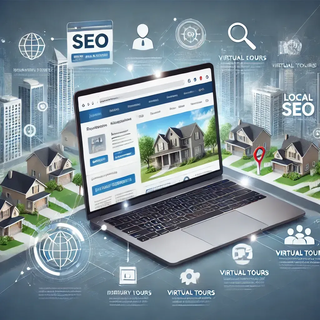 A digital illustration showcasing a real estate agency's website on a laptop, featuring detailed property listings, agent profiles, and a map indicating local SEO optimization. Surrounding elements include icons for SEO, virtual tours, and lead generation, set against a backdrop of cityscapes and suburban homes, highlighting the importance of a strong online presence in the real estate market.