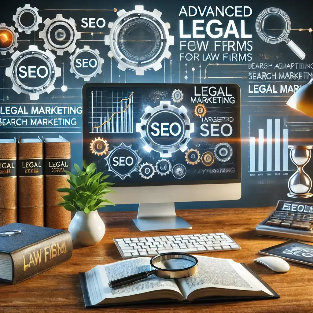 A computer displaying SEO analytics and keyword rankings, surrounded by symbols representing search engine algorithms, like gears and magnifying glasses. Nearby, a tablet shows a law firm website, and books labeled