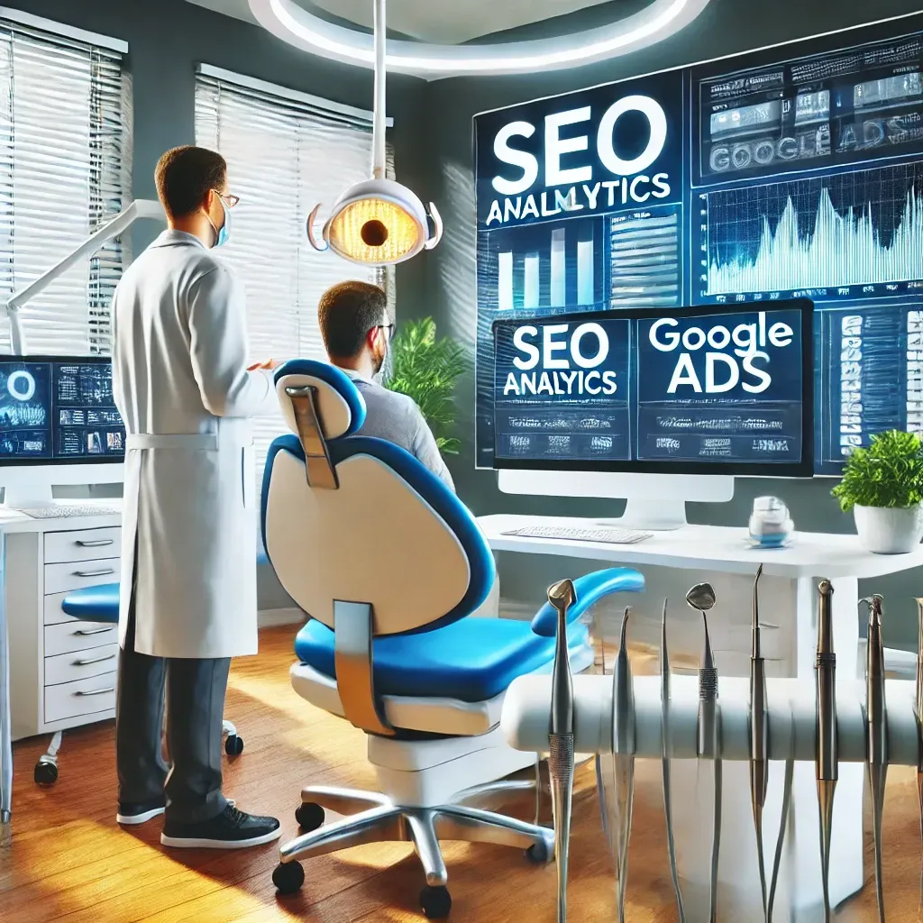A modern dental office showcasing collaboration between a dentist and a digital marketing expert, with a computer screen displaying Google Ads and SEO analytics, highlighting the integration of technology and digital marketing strategies for dental practice growth.