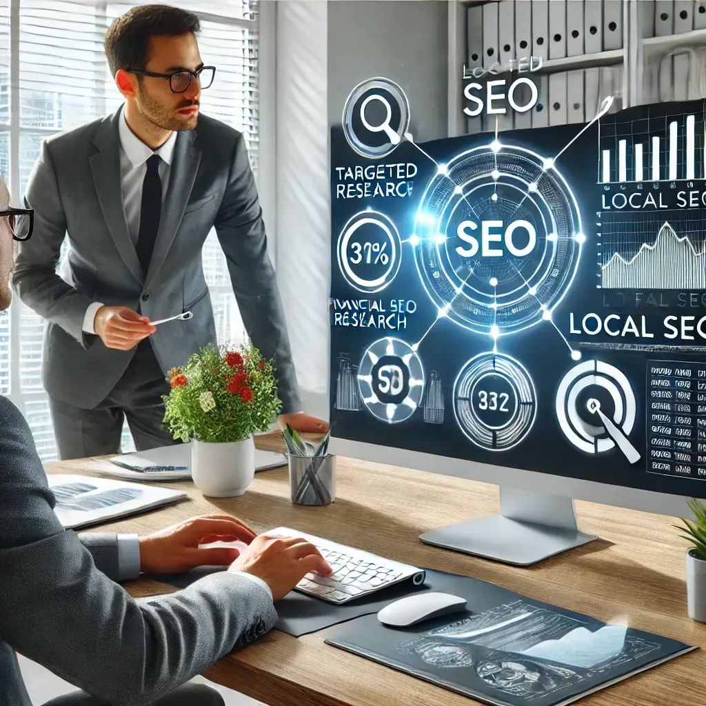 A professional financial advisory office featuring a computer screen with SEO tools and analytics, including keyword research, local SEO metrics, and website optimization data. A financial advisor collaborates with a digital marketing expert in a bright, clean environment, focusing on key components of an effective SEO strategy to drive client growth.