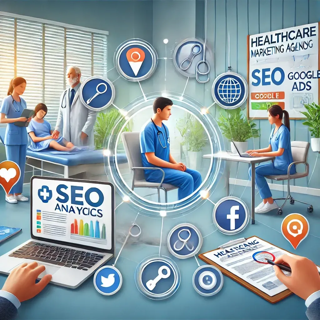 A healthcare provider attending to a patient in a clinic, with a marketing team working on strategies in the background. Visual elements include a tablet showing SEO analytics, a laptop with Google Ads, and social media icons, emphasizing the synergy between patient care and professional marketing support.