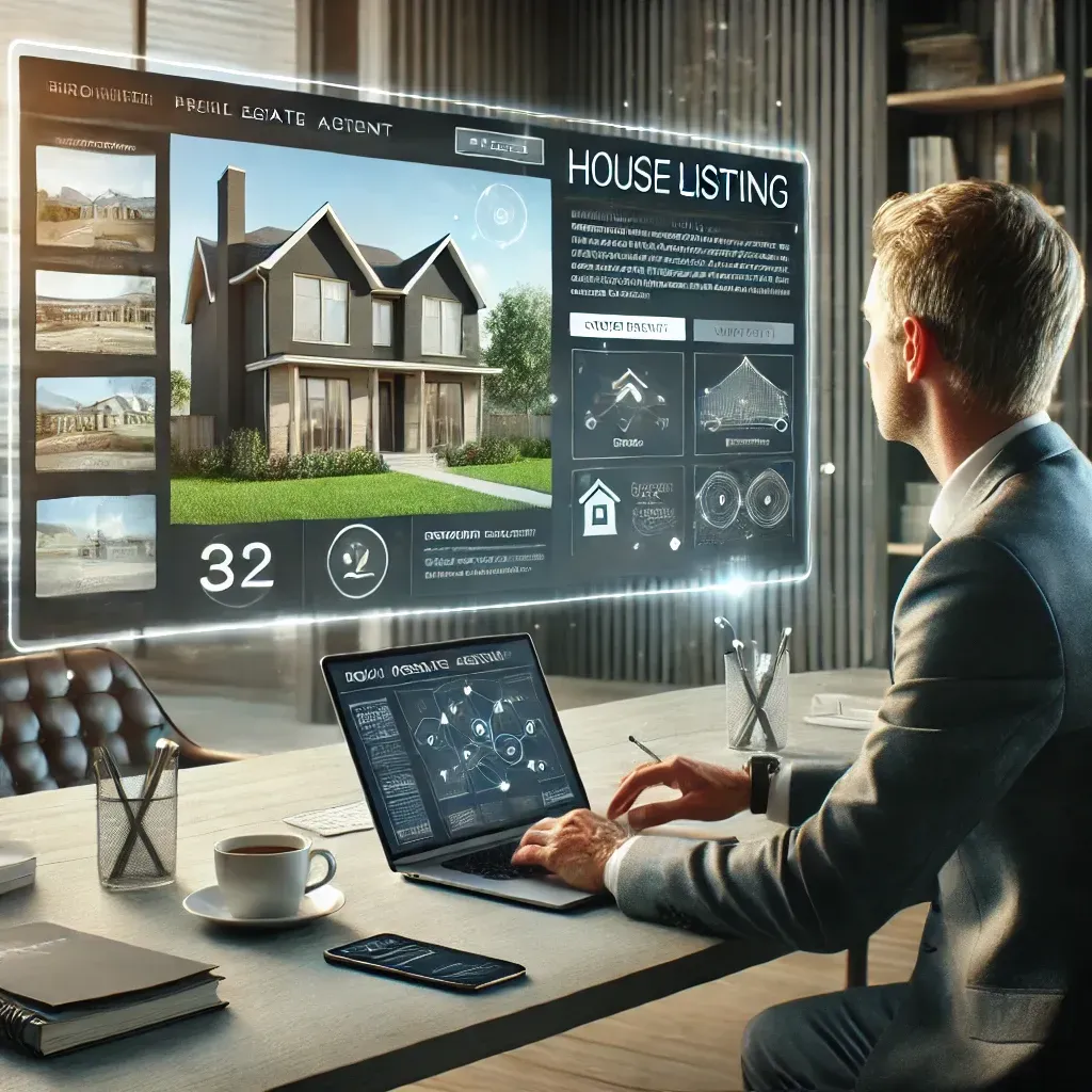 A professional real estate agent at a modern desk using a laptop with property listings displayed, surrounded by brochures and a smartphone. In the background, a large digital screen showcases a user-friendly real estate website with features like interactive maps and property details. The setting emphasizes professionalism and technology in real estate marketing.