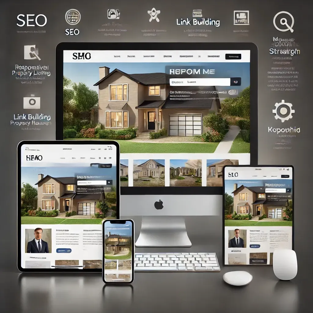 A professional and modern real estate website displayed on desktop, tablet, and smartphone, showcasing features like property search, MLS integration, and mobile optimization, with subtle icons representing SEO, link building, and keyword research.