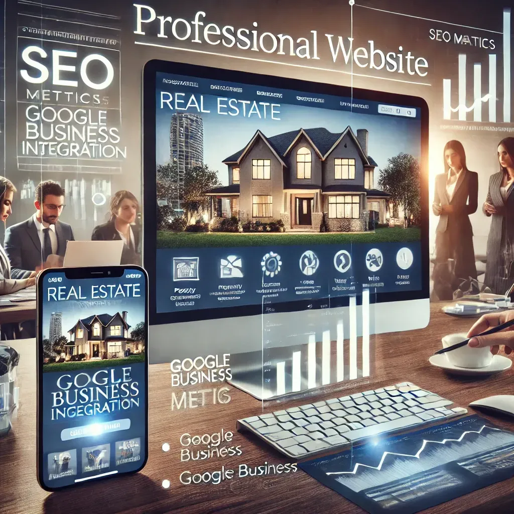 A professional real estate website displayed on a desktop and mobile phone, featuring property listings, an interactive map, and a blog section. The image also includes SEO metrics, Google Business integration, and a lead capture form. In the background, a team of digital marketers collaborates in a modern office, symbolizing growth strategies and brand visibility for real estate companies.