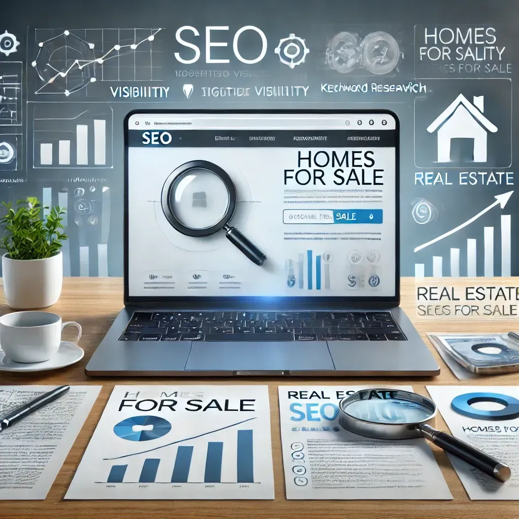 An optimized real estate website displayed on a laptop screen, featuring analytics charts, a search bar with 'Homes for Sale,' and SEO icons like a magnifying glass, upward arrow graphs, and a checklist, representing the effectiveness of real estate SEO services.