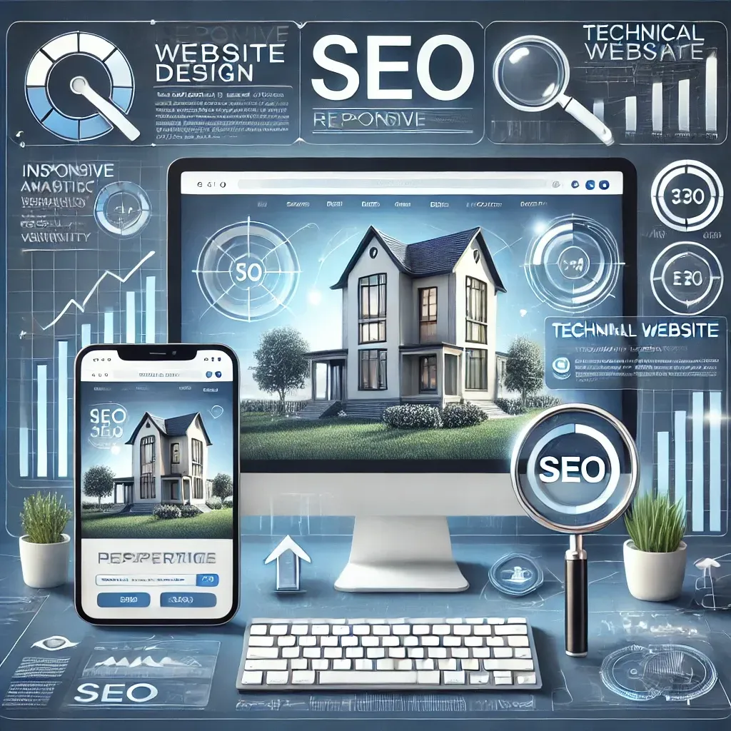 A modern real estate website displayed on a desktop and smartphone, featuring responsive design, property listings, and a search bar, surrounded by SEO icons like upward arrows, a speedometer, and a magnifying glass with a checklist, representing technical SEO and improved search engine visibility.