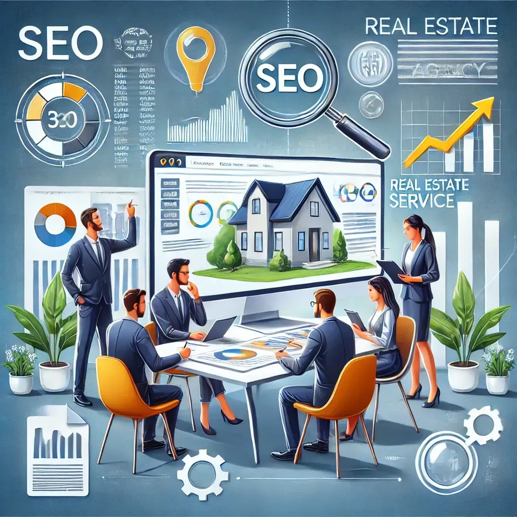 A professional real estate SEO agency team collaborating on optimizing a real estate website, featuring a monitor with analytics charts, keyword data, and website traffic reports, surrounded by SEO icons like a magnifying glass, upward arrows, and a globe, symbolizing strategy and expertise.