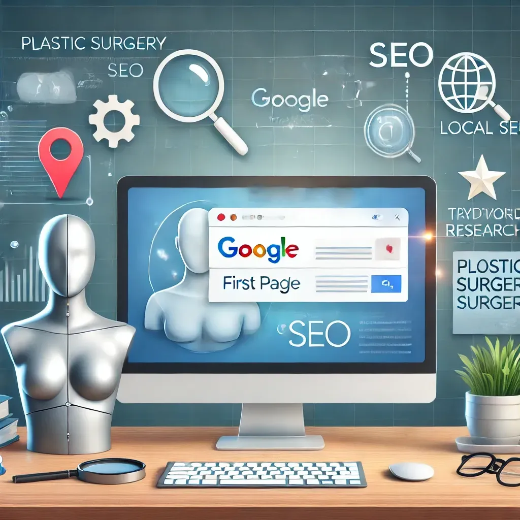 A digital marketing concept for plastic surgery businesses, showing a computer screen with a Google search results page featuring a highlighted top listing. Surrounding the screen are icons symbolizing Local SEO (location pin), keyword research (magnifying glass), Traditional SEO (globe), and reviews (star). The workspace includes a cosmetic surgery brochure and a model of a human face, emphasizing the plastic surgery theme.