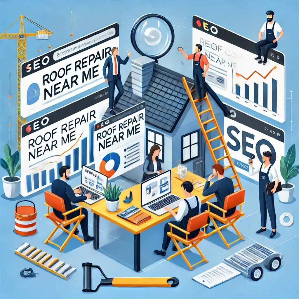 Illustration of partnering with an SEO agency for roofing companies, featuring a team collaborating at a desk with laptops displaying keyword research for terms like 